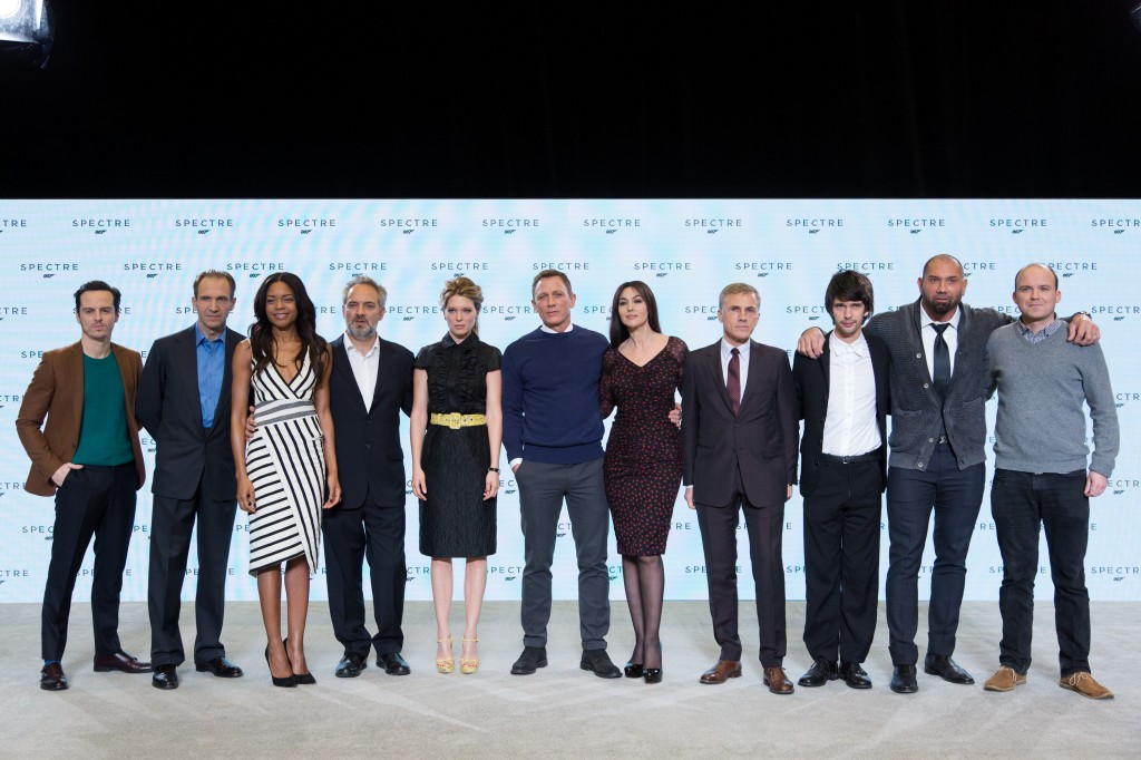 Eon Productions, Metro-Goldwyn-Mayer and Sony Pictures Entertainment announce the 24th James Bond adventure " SPECTRE. " Pictured: (L to R) Andrew Scott, Ralph Fiennes, Naomie Harris, Sam Mendes, Léa Seydoux, Daniel Craig, Monica Bellucci, Christoph Waltz, Ben Whishaw, Dave Bautista, Rory Kinnear.